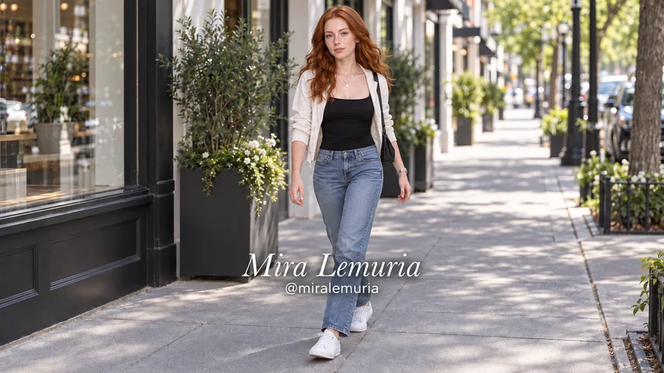 Mira in jeans and a white shirt, strolling past city shop windows