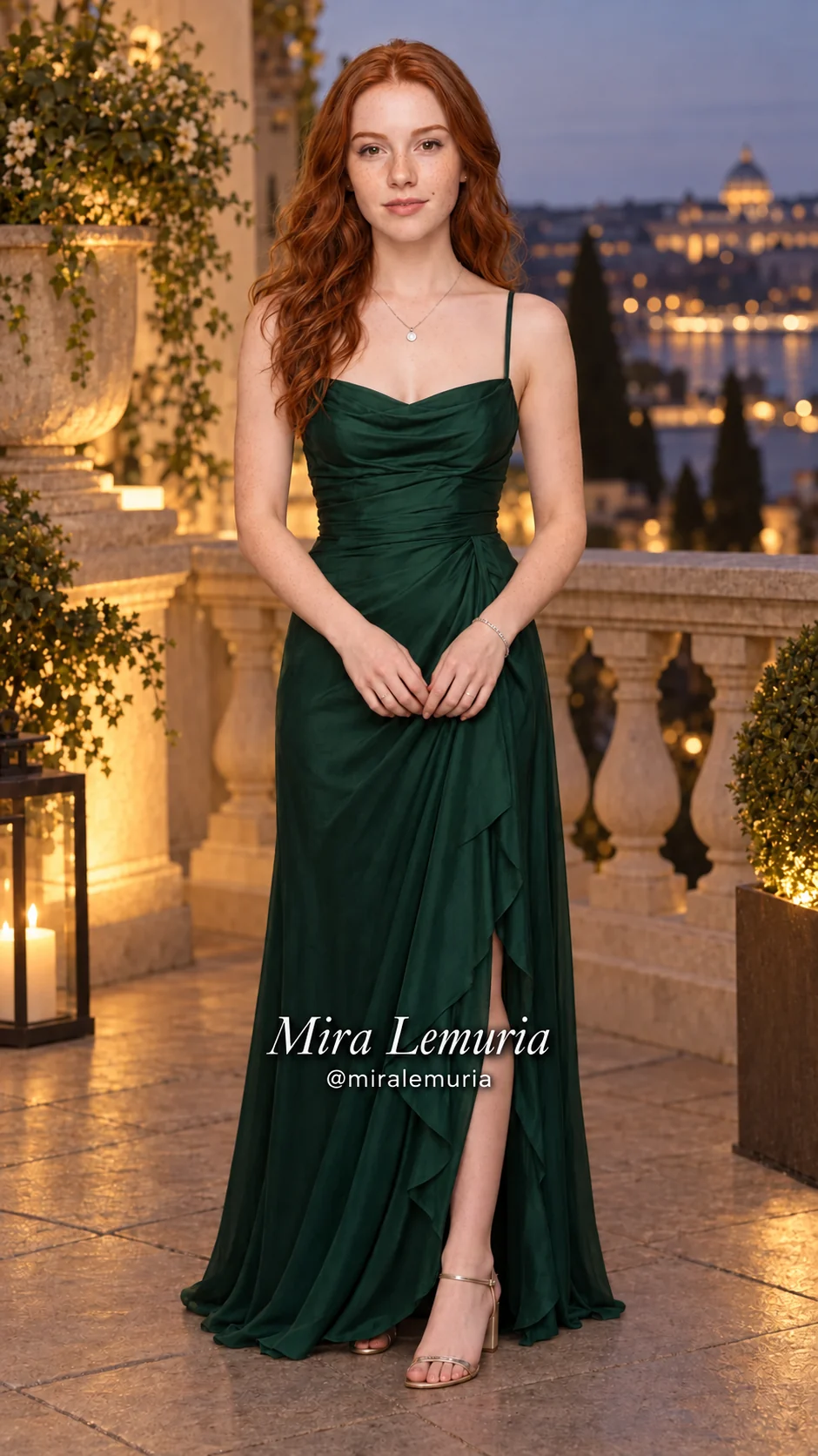 Mira wearing an emerald evening dress on a terrace at dusk
