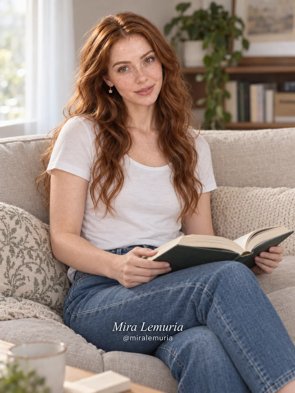 Mira curled up on a sofa with a book in the morning light