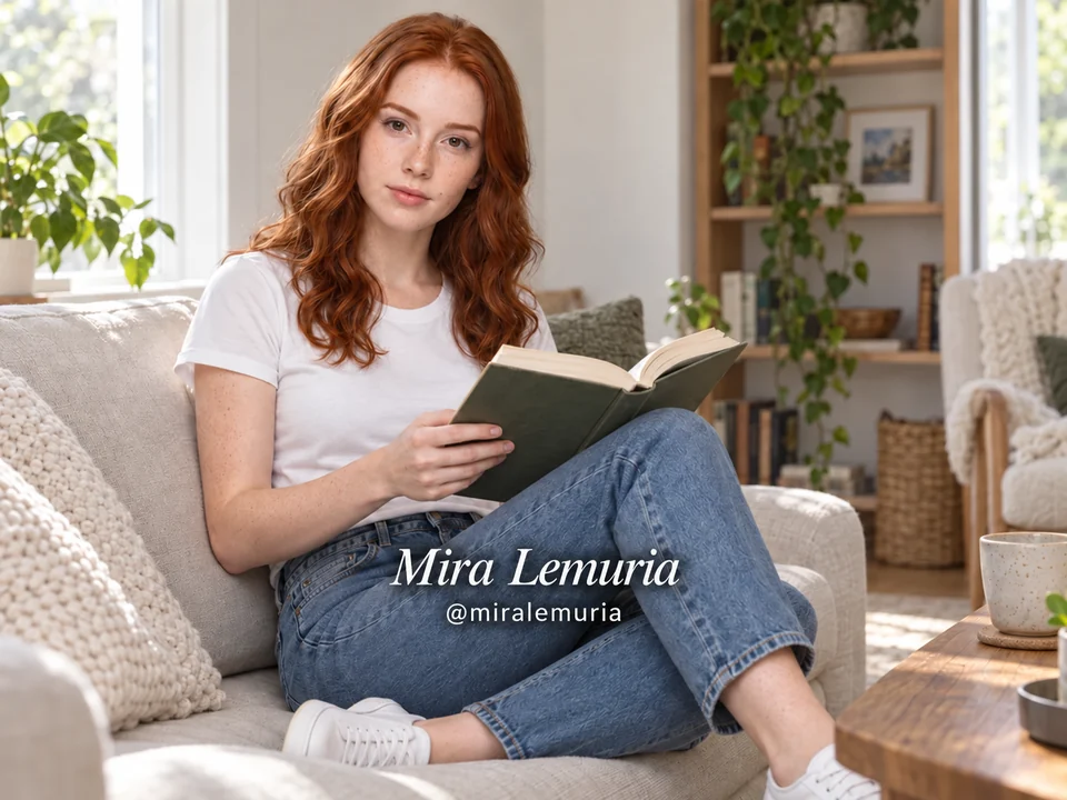 Mira curled up on a sofa with a book in the morning light